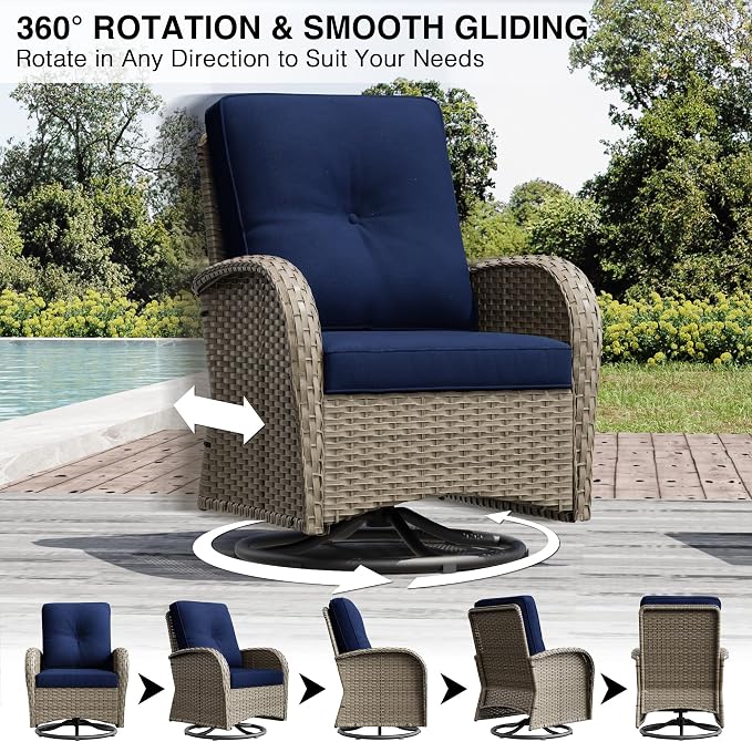 Joyside Outdoor Swivel Rocker Chairs, 3 Piece Wicker Patio Set with Thickened Cushions, High Back, Deep Seating, Wide Armrest, Outdoor Swivel Chairs for Porch, Deck