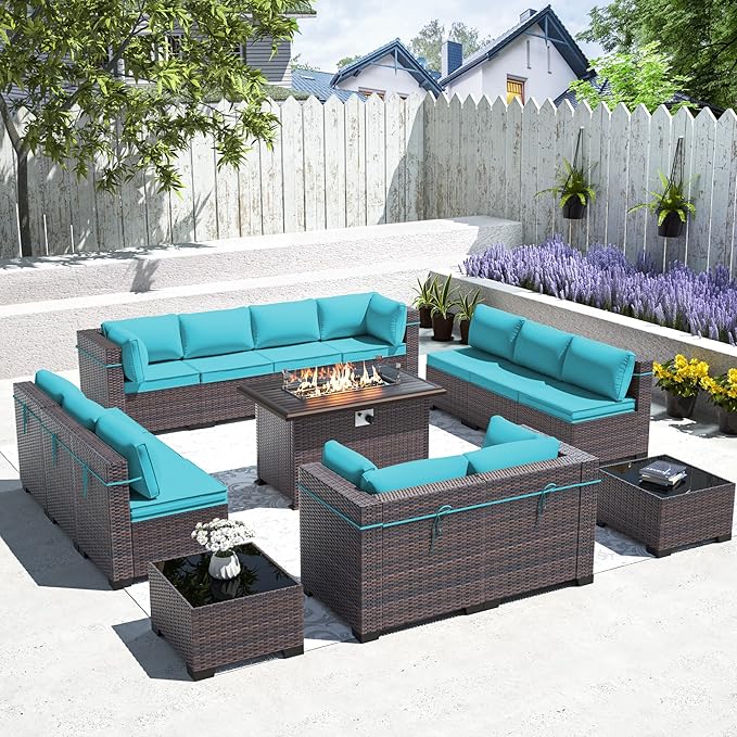 Outdoor Patio Furniture Set with Gas Fire Pit Table, 15 Pieces Outdoor Furniture Set Patio Sectional Sofa w/43in Propane Fire Pit, PE Wicker Rattan Patio Conversation Sets (Teal)