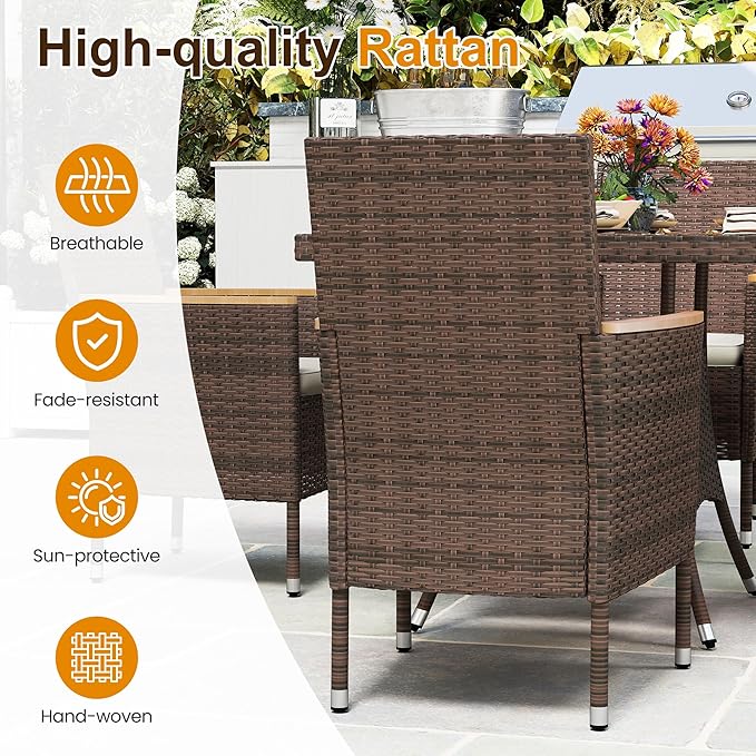 Wisteria Lane Patio Dining Sets for 12, All Weather Rattan Outdoor Table and Chairs with Acacia Wood Tabletop, Patio Dining Furniture with Removable Cushions for Deck Garden, Backyard, Brown