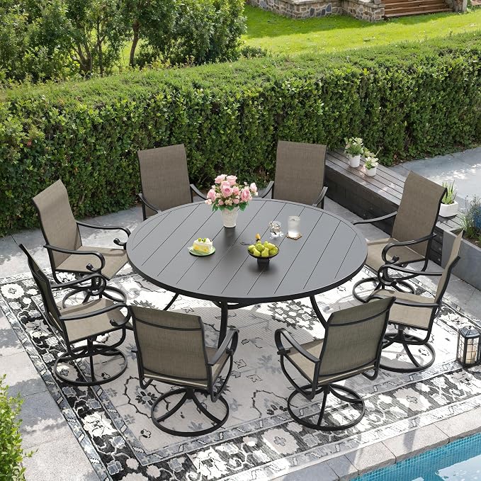 DIFY 9 Pieces Outdoor Dining Set for 8, Outdoor Furniture Set of 8 Brown Textilene Swivel Patio Chairs, 60" Black Round Metal Dining Table with Umbrella Hole, for Garden Deck Backyard