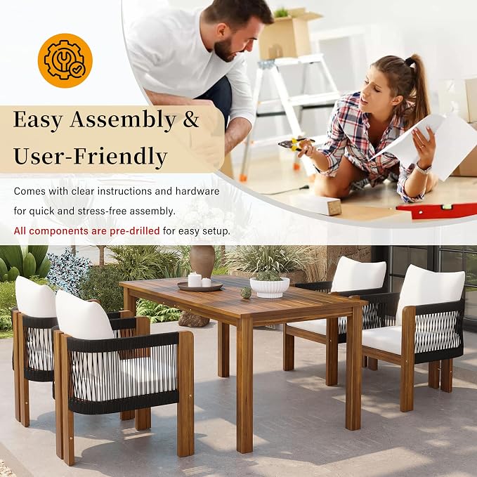 Merax Luxury 5-Piece Outdoor Patio Dining Set for 4, Solid Acacia Wood Dinning Set with Rope Woven Chairs,Farmhouse Dining Furniture Set for Garden, Backyard, Poolside, Brown+Black