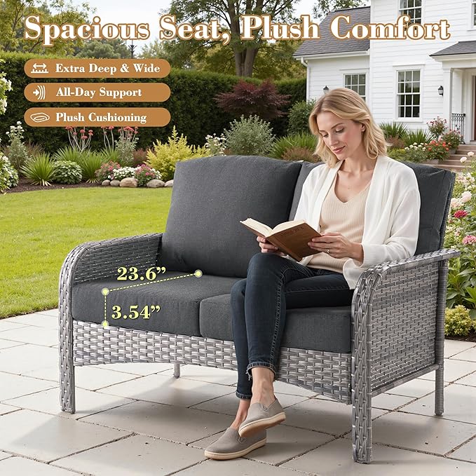 5 Pieces Patio Furniture Set, All Weather Rattan Patio Conversation Sets with Swivel Rocking Chairs, Coffee Table, High Back Outdoor Furniture Loveseat for Porch, Backyard, Black