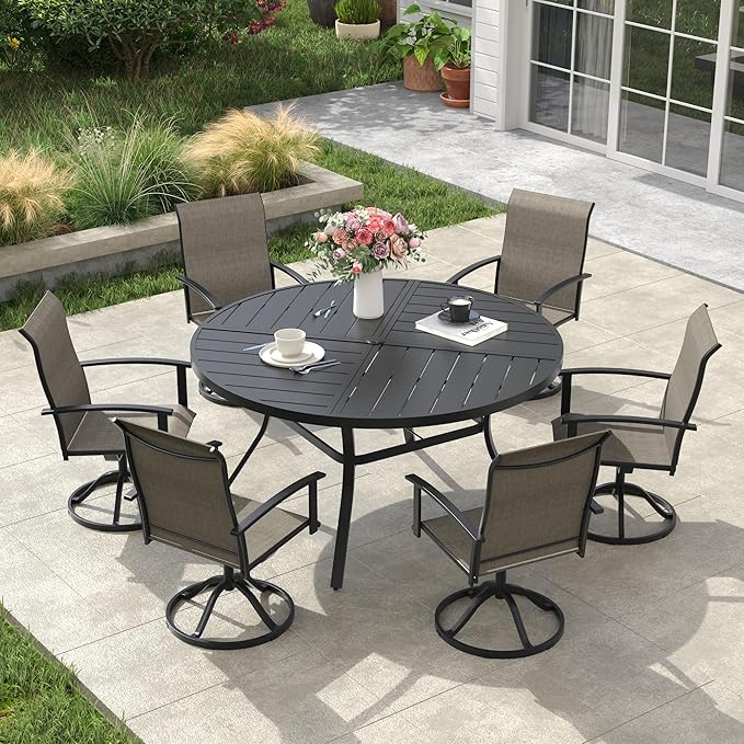 VICLLAX Outdoor Table and Chairs Set for 6, Patio Dining Set of 50" Metal Round Patio Table with Umbrella Hole & 6 Swivel Outdoor Dining Chairs for Backyard Lawn, Mixed Brown & Black