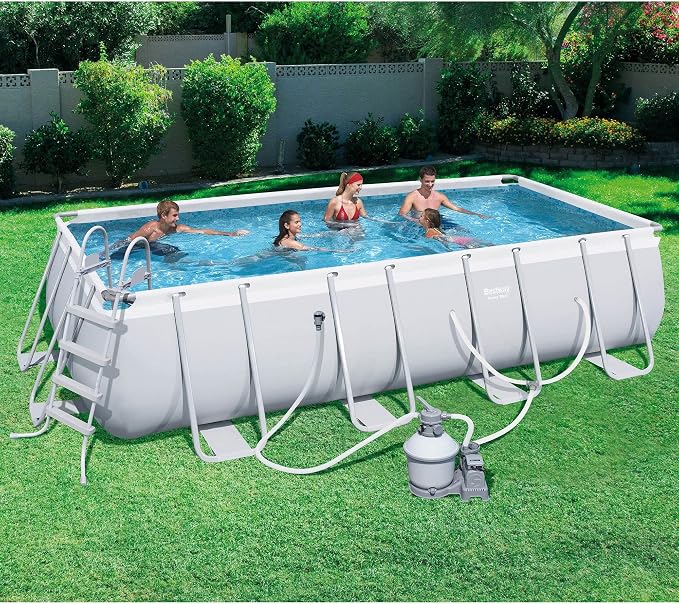 Bestway 18 x 9 x 4 Foot Rectangular Above Ground Pool Set with Ladder, 1000 Gallon Sand Filter Pump, Ground Cloth, Pool Cover, and Surface Skimmer