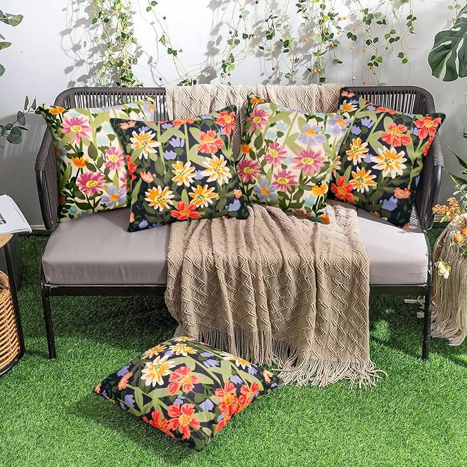 Pyonic Outdoor Pillows Covers Pack of 2 Spring Floral Waterproof Throw Pillow Covers 16X16 inch Outdoor Pillows for Patio Furniture Garden Square Outside Waterproof Pillow,Black