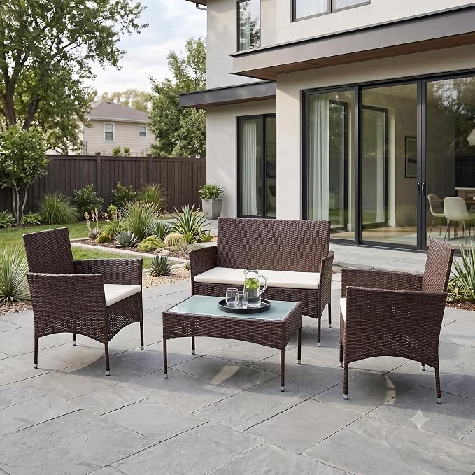 GIANGSUNNY 4 Piece Patio Furniture Set, Outdoor Hand-Woven Wicker Rattan Conversation Set with Double-Sided Tempered Glass Table, Weather-Resistant Seating for Patio, Balcony, Porch, Garden (Brown)