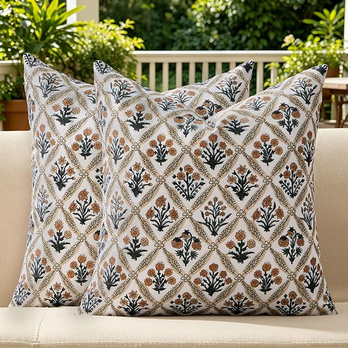 Allorry Floral Outdoor Pillow Covers 16x16 Brown Outdoor Waterproof Decor | Set of 2 Vintage Floral Block Print Pillow Cover,Farmhouse Boho Decorative for Spring Summer Outdoor Sofa Bedroom Decor