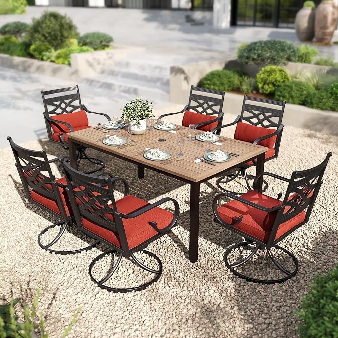 PHI VILLA Patio Dining Set, Swivel Chairs, Metal Table | Metal chairs, Red Cushion, Umbrella Hole, Cushions, E-coated