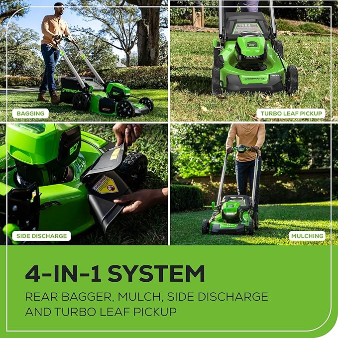 Greenworks 80V 21" Brushless Cordless (Push) Lawn Mower (LED Headlight + Aluminum Handles), 4.0Ah + 2.0Ah Battery and Rapid Charger Included (75+ Compatible Tools)