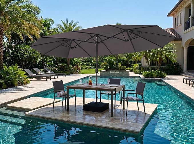 PURPLE LEAF 15ft Patio Market Umbrella with Base Double-Sided Rectangle Outdoor Table Sun Umbrellas with Crank 12 Heavy Duty Sturdy Ribs for Pool Beach Deck Backyard Gray