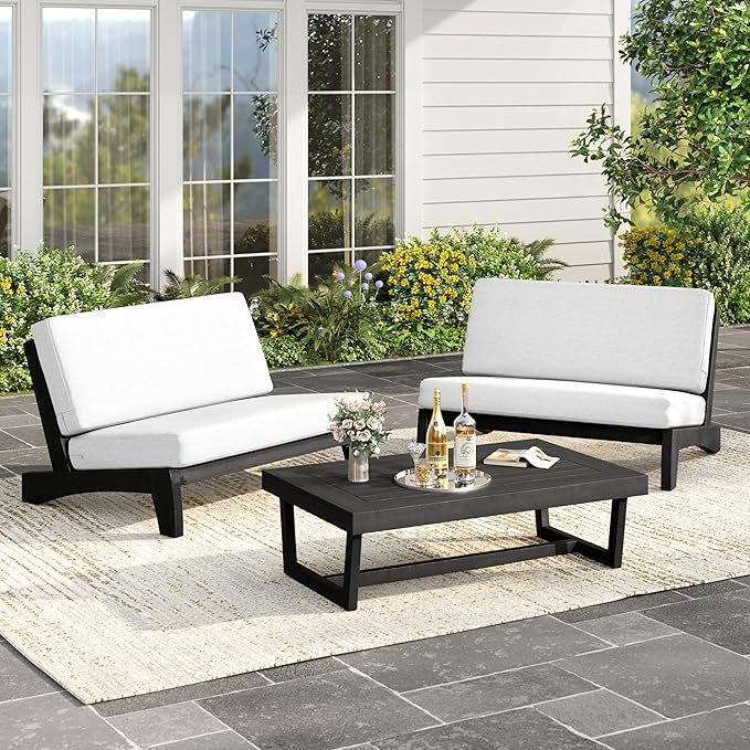 UIXE Black Wood Patio Furniture Sets, 3 Pieces All Weather Patio Loveseat Sofa Outdoor Sectional Futniture Backyard Conversation Set with Solid Wooden Coffee Table - Beige