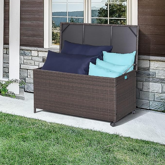 HAPPYGRILL 50 Gallon PE Wicker Deck Box, Outdoor Rattan Storage Box with Waterproof Liner and 2 Universal Wheels, Garden Furniture Container for Cushions Garden Tools