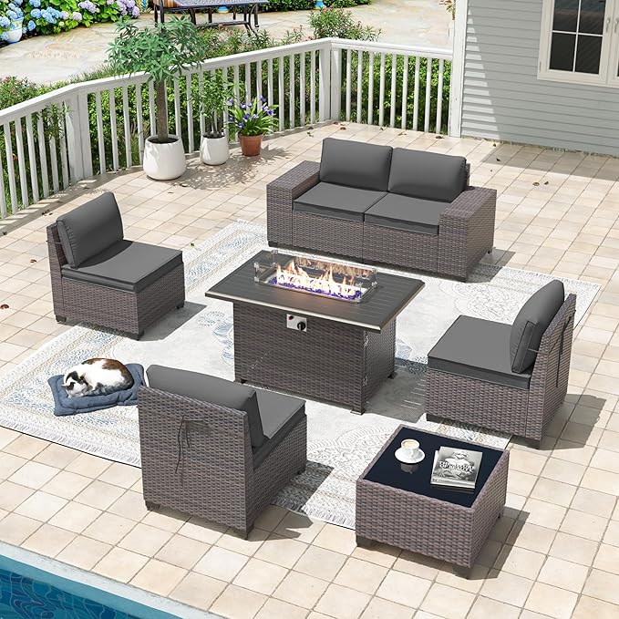 7 Pieces Outdoor Patio Furniture Set with 43"/55000BTU Gas Fire Pit Table,PE Rattan Wicker Outdoor Conversation Sofa Set Non-Slip Cushions Waterproof Covers for Backyard,Poolside,Garden,Grey