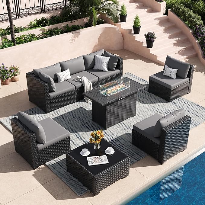 8 Piece Patio Furniture Set with 43" Fire Pit Table, Outdoor Sectional Wicker Rattan Sofa Set with Coffee Table (Grey/Black)