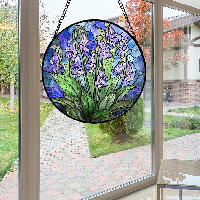 Stained Glass Suncatcher, Blue Purple Flowers Green Leaves Sun Catcher Plants Stain Glass Window Hanging Decoration Mother's Day Birthday Gifts for Women Men Mom and Nana 6.3 in