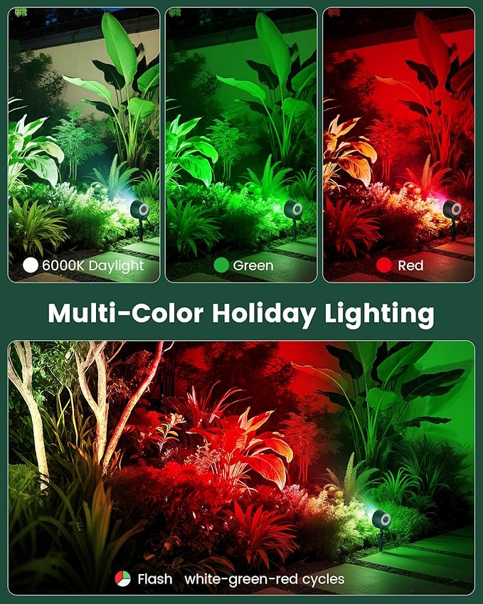 SURAIELEC Dusk to Dawn Christmas Spotlight Outdoor, Red & Green Decorative LED Landscape Spotlights with Timer, 6000K Daylight Waterproof Flood Lights for Yard, Tree, Flag, Holiday Decor, ETL Listed