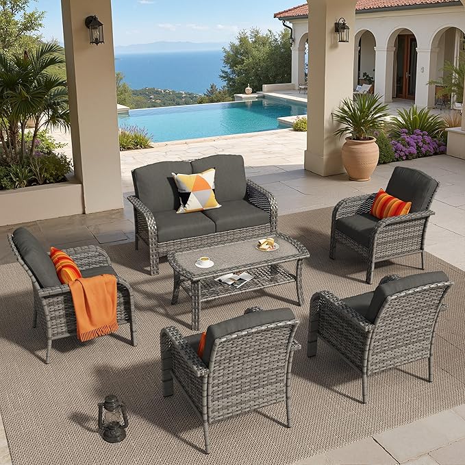 6 PCS Outdoor Patio Furniture Set with Glass Table, All-Weather Rattan Wicker Outdoor Conversation Set with Thickened Cushions for Balcony Backyard Garden Lawn,Black