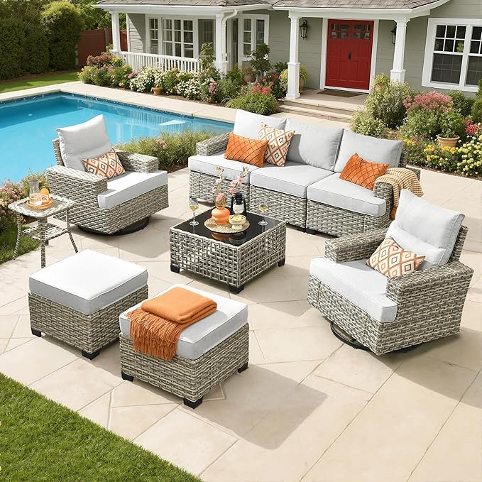 Rattan Patio Furniture Set with Swivel Chairs,9 Pieces Outdoor Sectional with Ottoman Glowing Coffee Table,Out Door Furniture Conversation Set,Light Grey