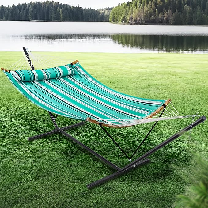 SUPERJARE Hammock with Stand, 2 Person Heavy Duty Hammock with Padded Cotton, Detachable Pillow & Strong Curved-Bar & Portable Carrying Bag, Perfect for Outdoor & Indoor, Mint Green with Stripes