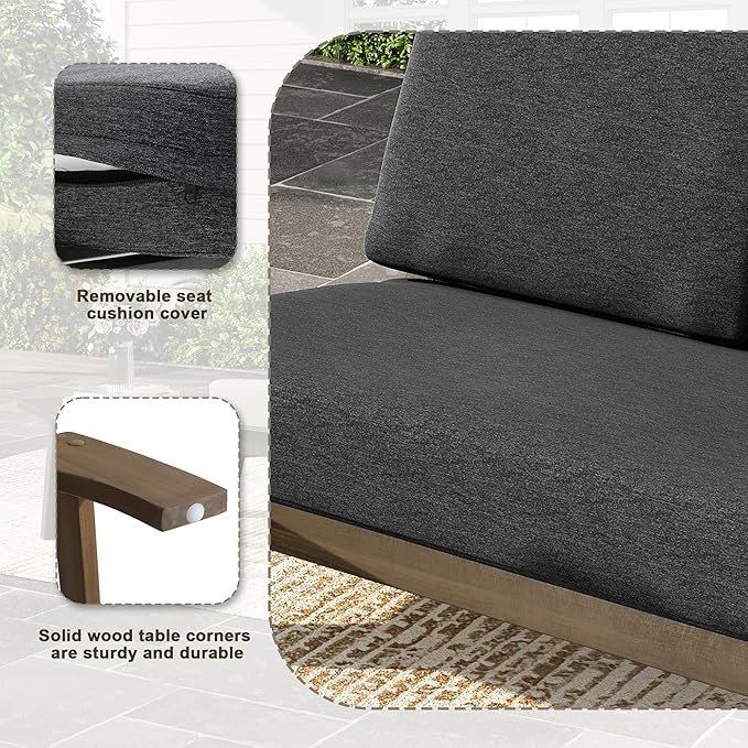 UIXE Wood Patio Furniture Sets, 3 Pieces All Weather Patio Loveseat Sofa Outdoor Sectional Futniture Backyard Conversation Set with Solid Wooden Coffee Table - Dark Gray