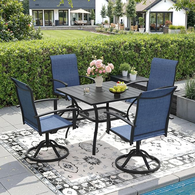 DIFY 5 Pieces Outdoor Dining Set, Metal Patio Table and Chairs Set for 4 with Umbrella Hole, 37.8" Black Square Table and Blue Textilene Swivel Patio Chairs for Garden, Backyard, Poolside