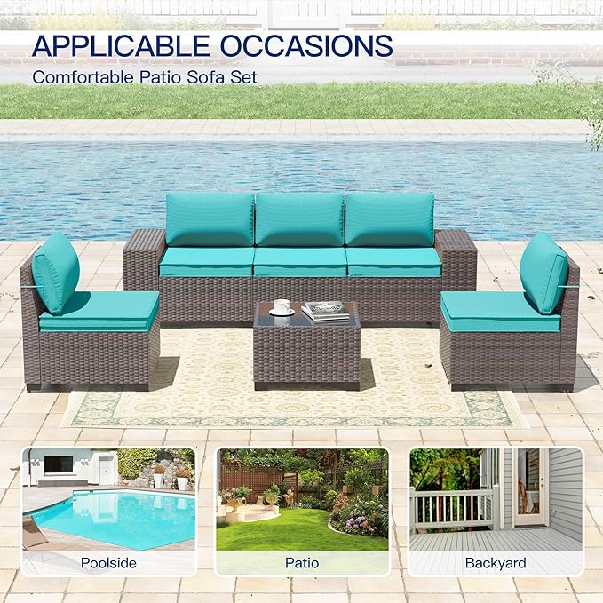 6 Pieces Patio Furniture Sets with Glass Tea Table,PE Rattan Wicker Patio Conversation Set with Washable Cushions,Outdoor Patio Sectional Furniture Set for Backyard, Poolside, Garden,Blue
