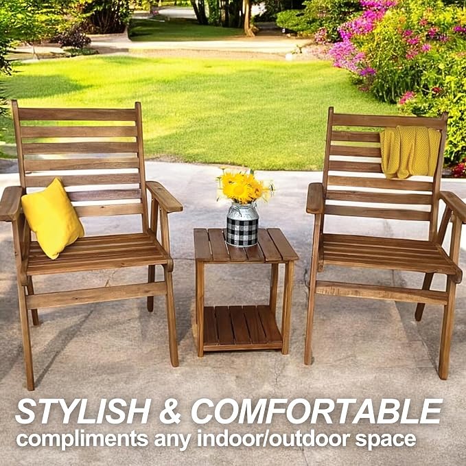 Patio Wise Square Acacia Wood Side Table, 2-Tier Indoor/Outdoor Wooden Accent Tables, Deck, Balcony, Porch, & Patio Furniture, 15-Inches Long x 15-Inches Deep x 17-Inches High, Teak