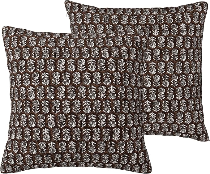 Block Print Pillow Covers 20x20 Inch Set of 2, Brown Floral Waterproof Outdoor Cushion Covers, Boho Home Decor Throw Pillows for Living Room Couch
