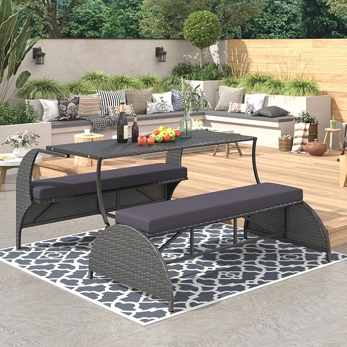 Convertible Bench Table Outdoor, 57.1" 2-in-1 Outdoor Loveseat Transforms to 4-Seat Folding Picnic Table, HDPE Wicker Iron Frame Portable Patio Furniture for Garden Backyard Lawn, Gray