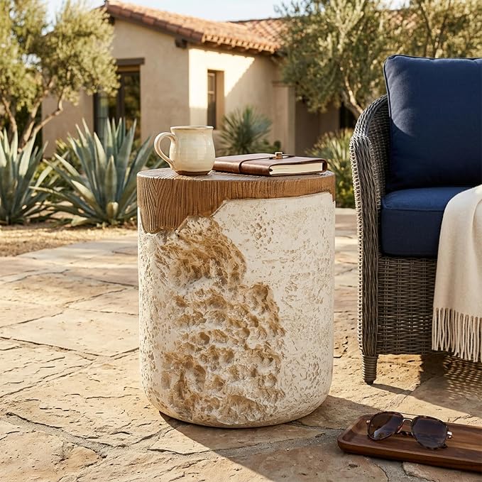 Merax Outdoor Patio Side Table, Modern MGO Round Accent End Table with Beige Textured Base & Faux-Wood Grain Top, Sculptural Design, 19" Height Side Table for Poolish Garden Balcony