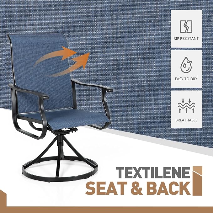 Crownland Outdoor Swivel Dining Chair Set of 4, All Weather 360° Swivel Rocking High Back Model Patio Dining Chairs, Textilene Fabric Wrought Iron Dining Chair Set for Backyard, Lawn, Garden(Blue)