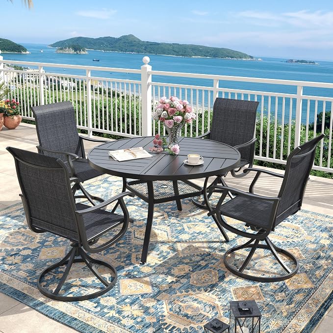 Outdoor Dining Set for 4, 40.7" Metal Round Outdoor Dining Table with Umbrella Hole and Sling Patio Swivel Chairs, 5 Pieces Patio Table and Chairs Set for Garden Backyard, Charcoal and Black