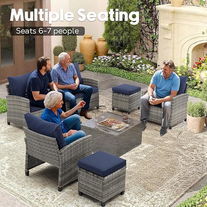 FHFO 5 Pieces Outdoor Patio Sectional Furniture Set, Wicker Patio Conversation Sofa Couch Set with Ottomans Rattan Chair and Table for Outside, Garden,Grey-Blue