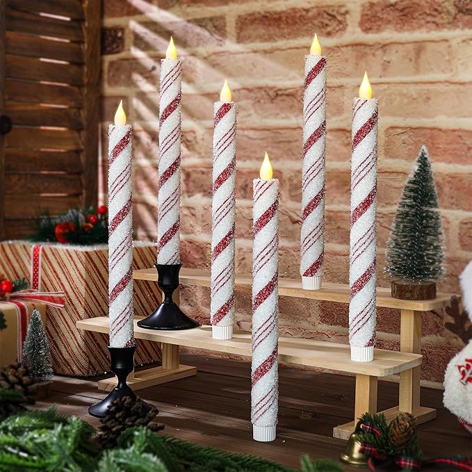 6PCS Christmas Candy Cane Flameless Taper Candles, Candy Cane Candlesticks Red and White Stripes Sea Salt Real Wax Flickering LED Battery Operated Candles for Xmas Centerpiece Decor Home Decoration