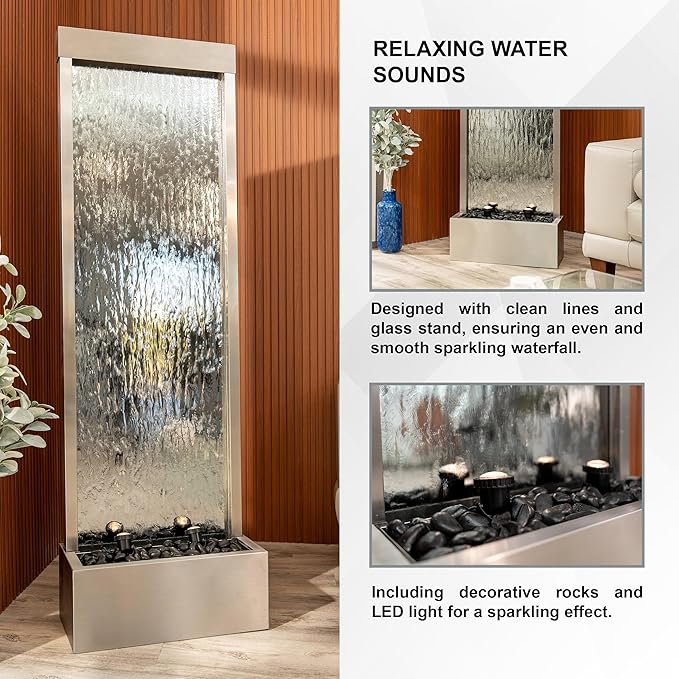 XBrand 68 in H Freestanding Modern Indoor/Outdoor Waterfall Fountain w/Decorative Rocks, LED Lights & Auto-Shut Off Pump, Stainless Steel/Clear Glass, Silver