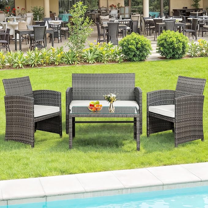SUNLEI 4 Piece Outdoor Patio Furniture Set, Rattan Chair Wicker Conversation Set, Backyard Porch Garden Poolside Gray Rattan Sofa Chair with Cushion for Outdoor Indoor Use (White)