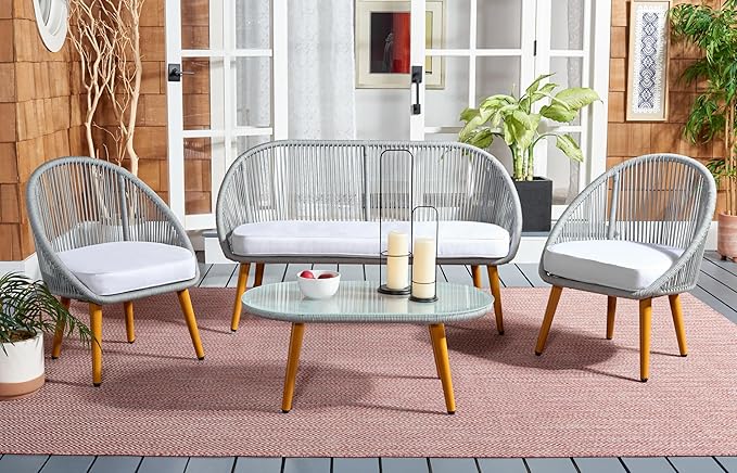 SAFAVIEH Outdoor Collection Halcott Grey/White Wicker 4-Piece Conversation Patio Set
