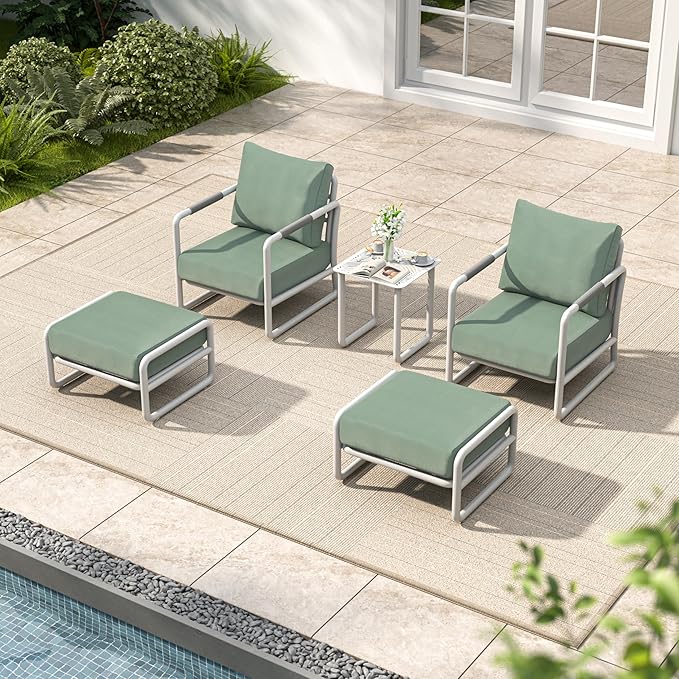 5-Piece Aluminum Patio Furniture Set, Spacious Deep Seating Chairs with 6.5-Inch Thick Cushions and Coffee Table, All-Weather Rust-Resistant Outdoor Seating for Backyard, Deck, Porch, Balcony