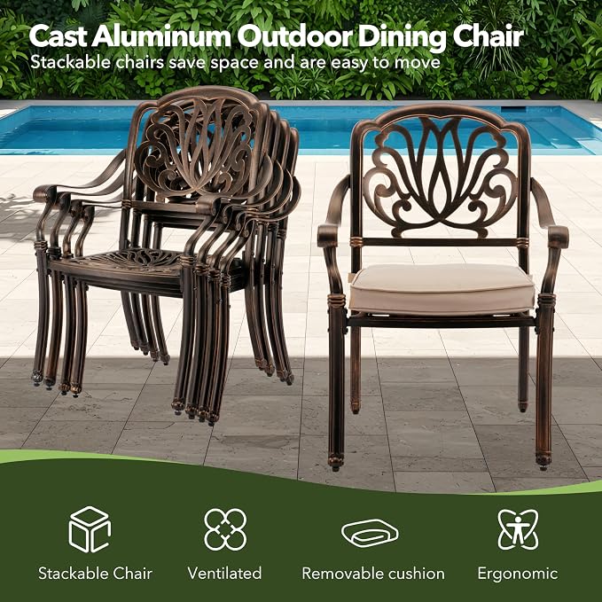 7-Piece Cast Aluminum Outdoor Table and Chairs, Classic Vintage Patio Dining Set for 6 Include 54.5" Round Dining Table and 6 Chairs with Removable Cushion and Umbrella Hole