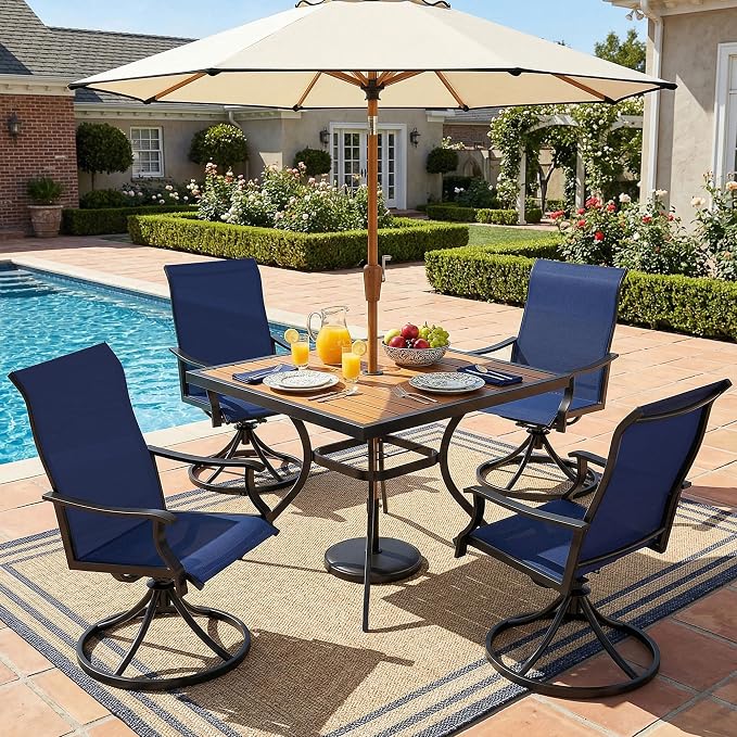 NATURAL EXPRESSIONS 5 Piece Patio Table and Chairs Set, HDPS Outdoor Dining Set with 4 Swivel Dining Chairs, Textilene Mesh Fabric, 36" Dining Table with Umbrella Hole for Backyard, Garden (Navy)