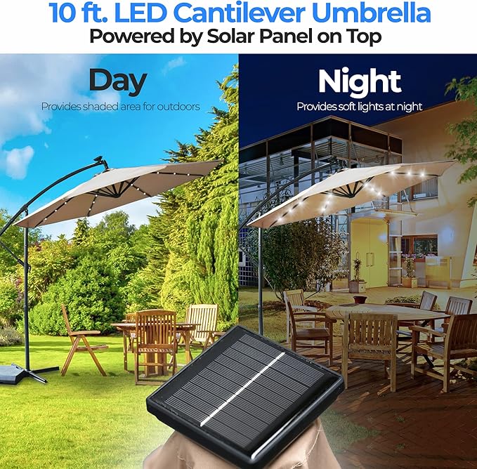 SereneLife 10ft Patio Table Umbrella, 6 Sturdy Ribs with Push Button Tilt and Solar LED Lights, Easy Close Open Crank, Outdoor Furniture for Garden Lawn Deck Pool Beach, Cross Base Included