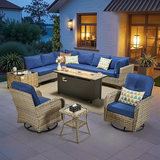 CAODOC 11-Piece Outdoor Sectional Sofa Set w/ 54" Fire Pit – L-Shaped Wicker Patio Furniture, Deep Seating & Swivel Rockers,Blue