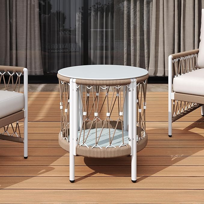 BohoChic Outdoor Side Table - Handwoven Rope & Tempered Glass Top Table with Powder-Coated Steel Frame, 20" Small Desk Size for Patio/Poolside(Beige+Natural)