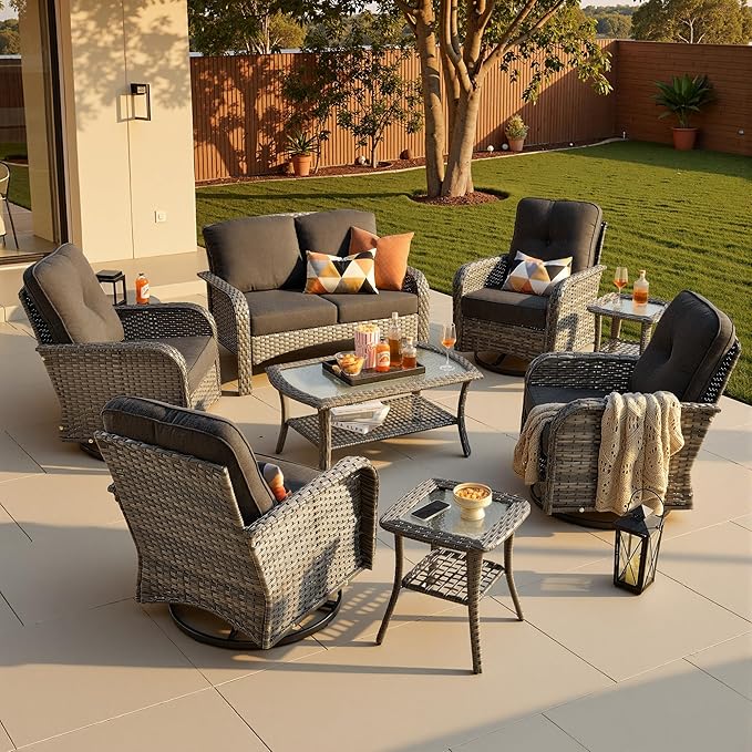 8-Piece Patio Furniture Set, Outdoor Wicker Furniture with Coffee Table, High Back Swivel Rocker Patio Chairs, Modern Rattan Outdoor Chairs Conversation Set for Porch, Balcony, Garden, Black