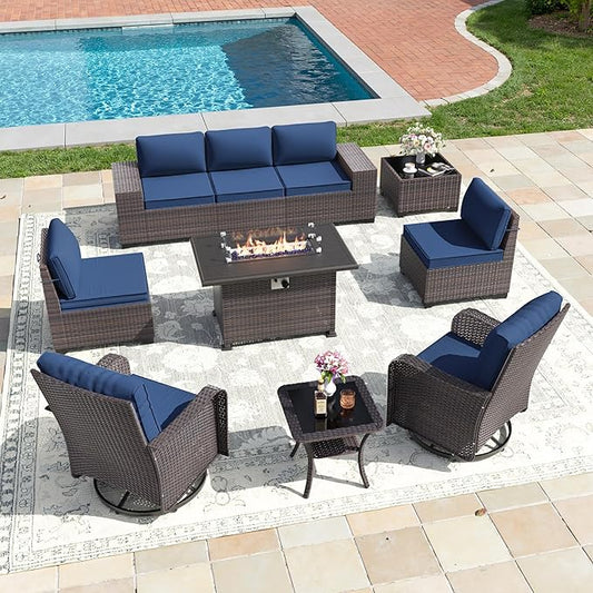 10 PCS Outdoor Patio Furniture Set,Outdoor Sectional Furniture with 43" 55000 BTU Gas Propane Fire Pit Table,PE Rattan Wicker Patio Conversation Set,Swivel Rocking Chairs Set,Navy Blue