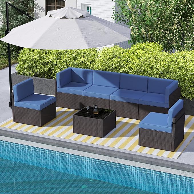kinbor 7 Piece Outdoor Furniture Set - Waterproof Brown PE Wicker Patio Sofa with Cushions for Backyard, Poolside & Porch, Navy Blue