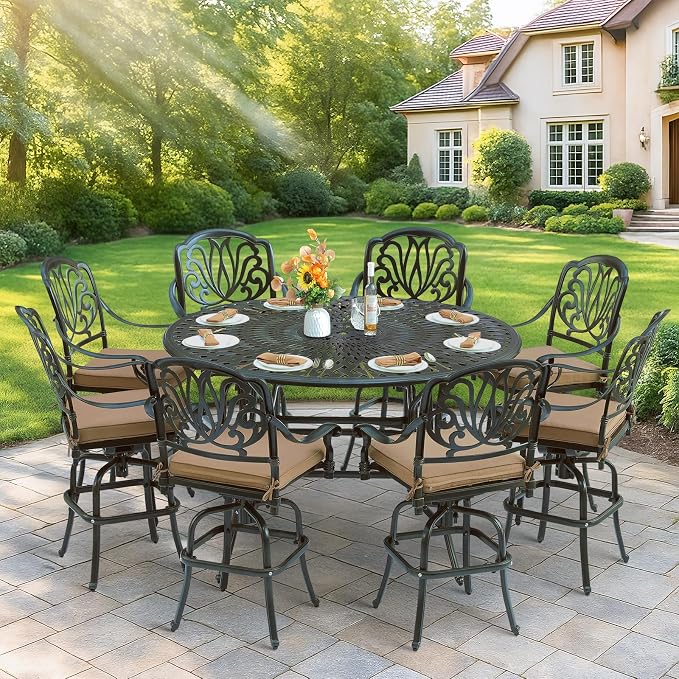 MEETWARM Patio High Bar Dining Table for 8 Person, All Weather Cast Aluminum 61" Large Round High Top Dining Table with 2" Umbrella Hole, Patio Bar Height Table for Garden Deck Backyard, Dark Bronze