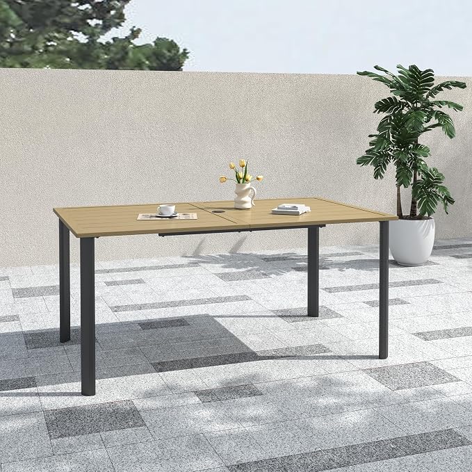 63" Brush Paint Rectangle Outdoor Patio Dining Table with 29" High Top | Brush Paint Table Top, 29" High Table Top, Adjustable Foot, 1.57"-1.9" Adjustable Umbrella Hole