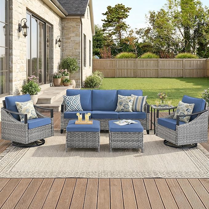 6 Piece Outdoor Patio Furniture Sets-High Back Wicker Swivel Rocker Patio Chairs Set of 2 with Thick Cushions Ottomans, Outdoor Sofa, Patio Conversation Sets for Porch Balcony Patio Deck Grey/Blue