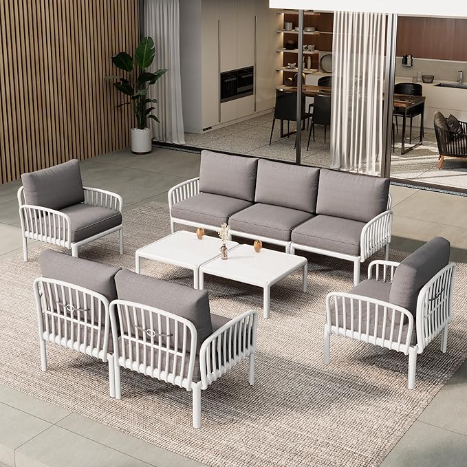 Christopher Knight Home Landon 5 Pieces Patio Conversation Set, 3 Seater Sofa with Coffee Table, Couch and Club Chair, Thick Cushion Armchair, Outdoor Conversation Set for Gathering, White+Light Gray